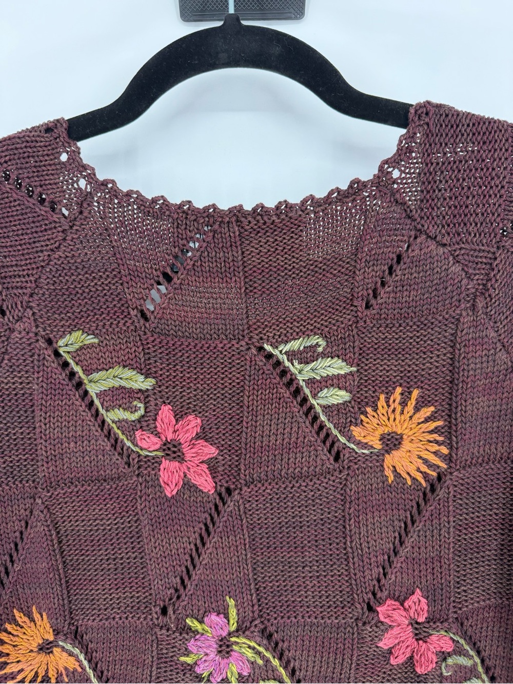 Peruvian Connection L Embroidered Pima Cotton Open Knit Floral Sweater Boho Art - Picture 8 of 14